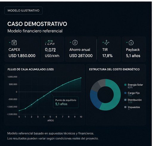 Visualización de un modelo financiero ilustrativo — CAPEX, ahorro, TIR y payback de referencia, no resultados reales de Helion Power.