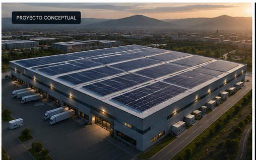 Render conceptual de centro de distribución logístico con cubierta fotovoltaica y BESS — no representa una instalación real de Helion Power.