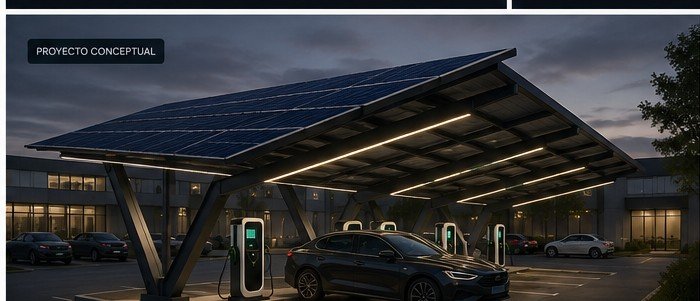 Render conceptual de carport solar con estaciones de carga EV y BESS — no representa una instalación real de Helion Power.
