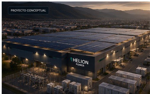 Render conceptual de planta industrial con generación fotovoltaica y BESS — no representa una instalación real de Helion Power.